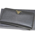 Prada Zip Around Wallet Saffiano Leather Black Gold