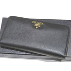 Prada Zip Around Wallet Saffiano Leather Black Gold