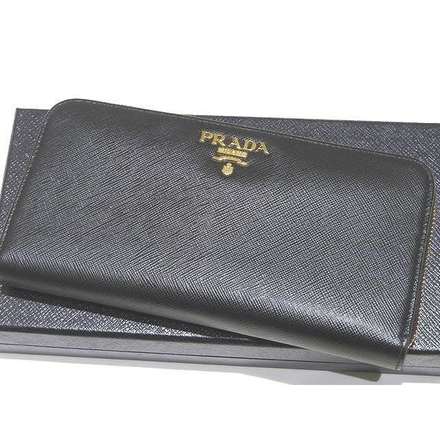 Prada Zip Around Wallet Saffiano Leather Black Gold