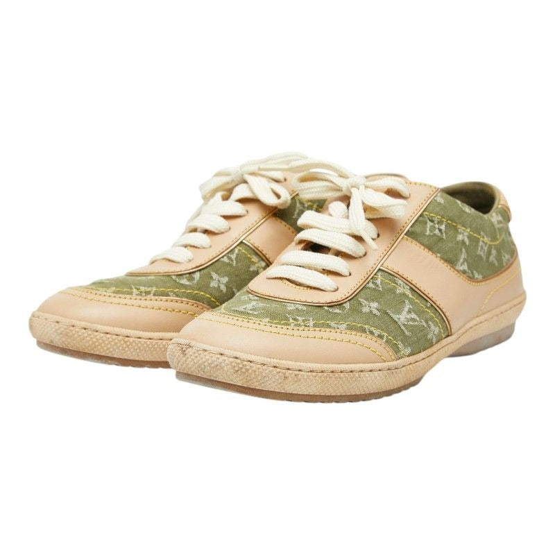 Louis Vuitton Monogram Sneakers 35.5 Beige Green Canvas Leather