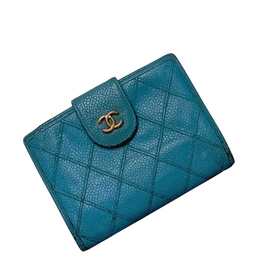 Chanel Kiss Lock Bifold Wallet Blue Quilted CC Logo Caviar Leather Vintage