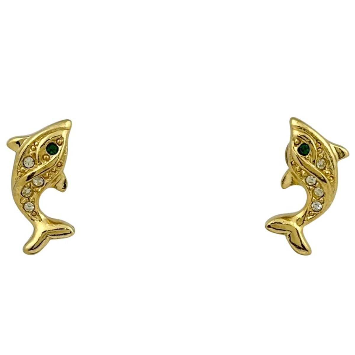 Dior Rhinestone Earrings Dolphin Motif Gold Plated