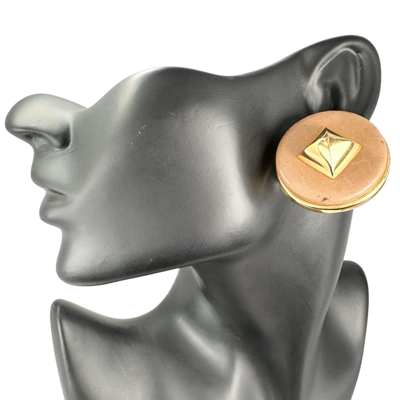 Hermes Leather Metal Brown Earrings Gold — view 2