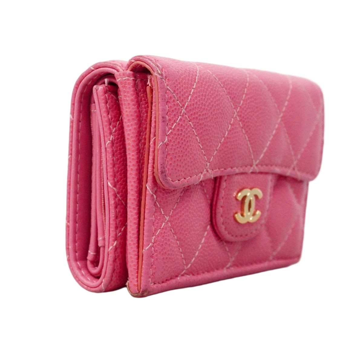 Chanel Trifold Wallet Quilted Caviar Leather Pink Gold — view 2