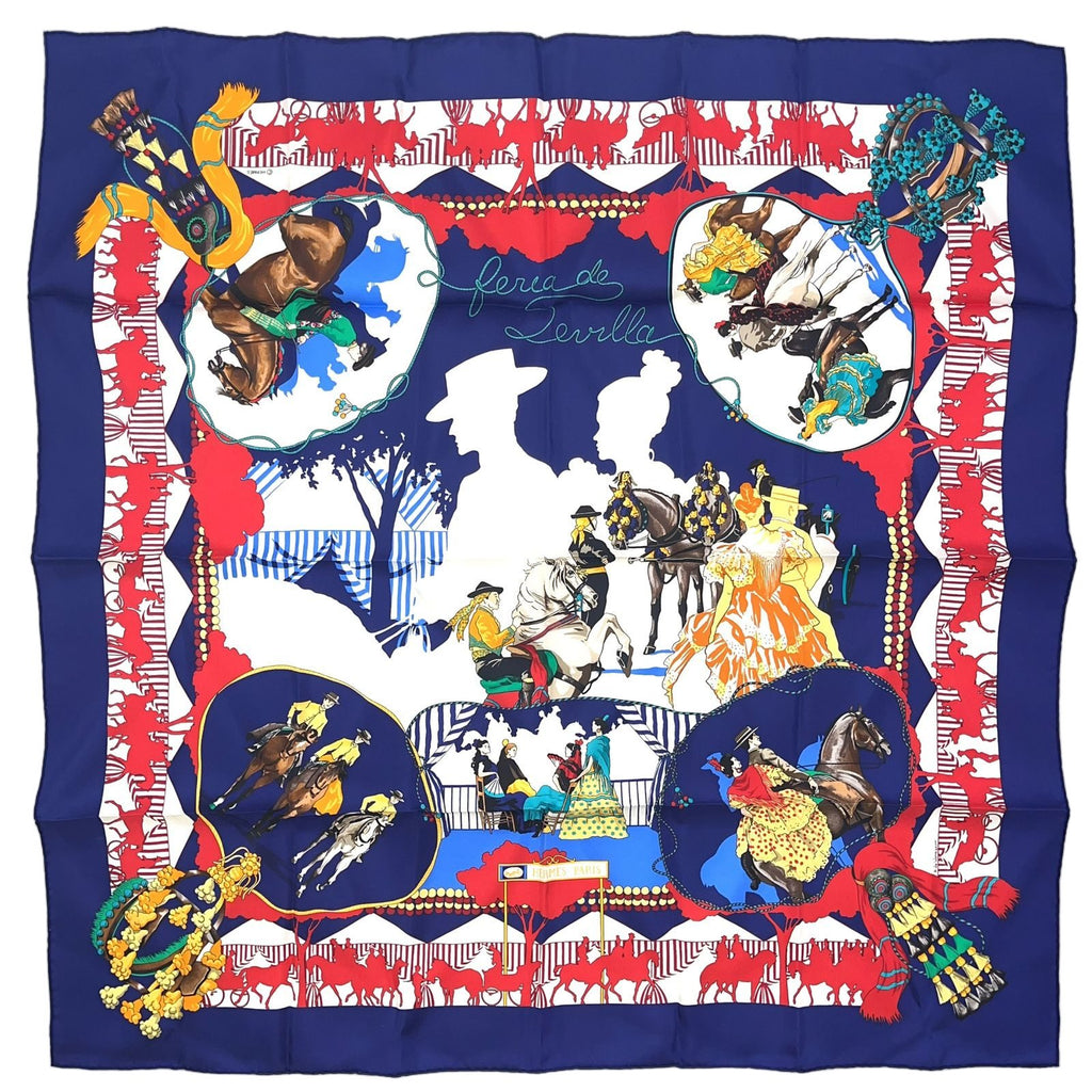 Hermes Carre 90 Seville Holiday Silk Navy White Red Scarf