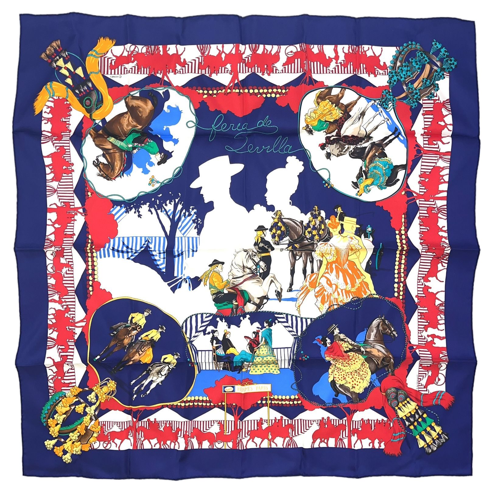 Hermes Carre 90 Seville Holiday Silk Navy White Red Scarf