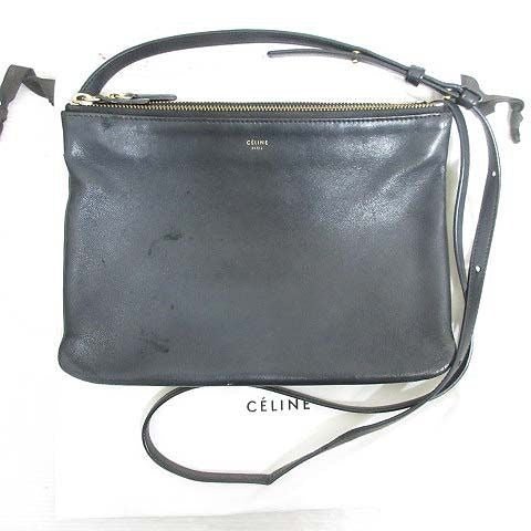 Celine Trio Large Shoulder Bag Leather Crossbody Black Storage with Aa