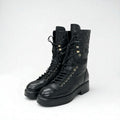 Chanel Boots Short Shoes Leather Black Coco Mark Quilted Lace Up Middle