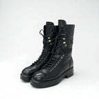 Chanel Boots Short Shoes Leather Black Coco Mark Quilted Lace Up Middle