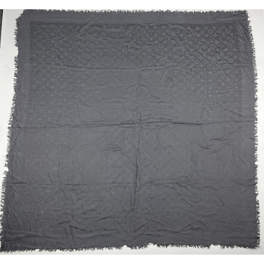 Louis Vuitton Shawl Monogram Silk Wool Gray Vintage Scarf