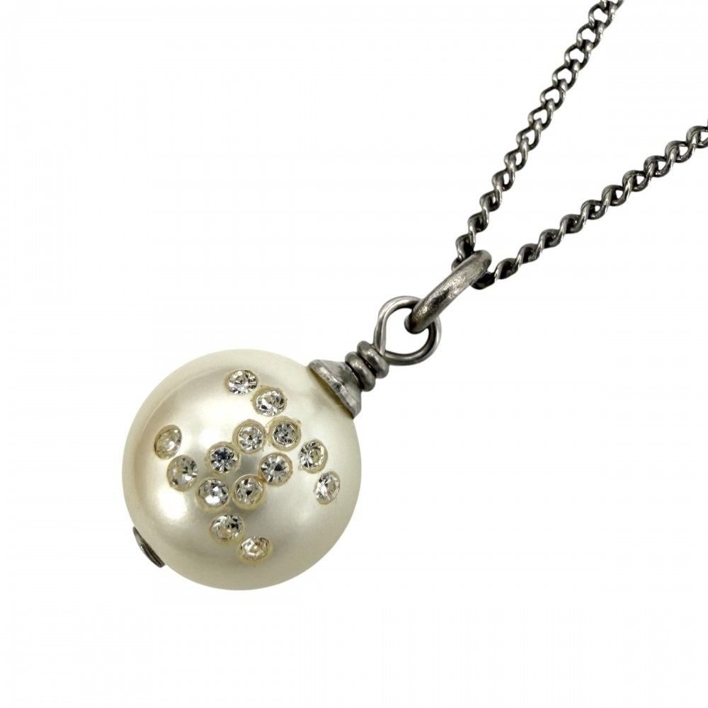Chanel Necklace CC Logo Chain Faux Pearl Rhinestone White Silver