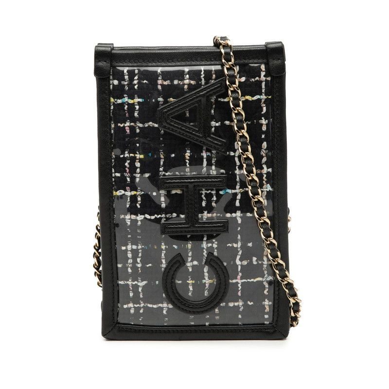 Chanel Logo Tweed Chain Shoulder Bag Phone Case Black Vinyl Leather