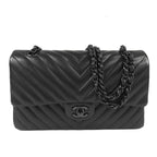 Chanel Chain Shoulder Bag So Black Lambskin Stitch 25 Double Flap