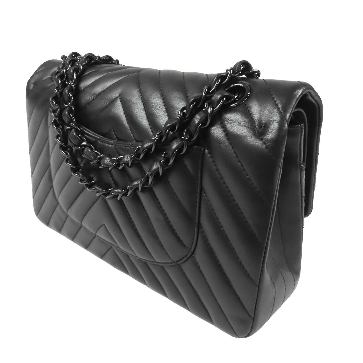 Chanel Chain Shoulder Bag So Black Lambskin Stitch 25 Double Flap — view 2