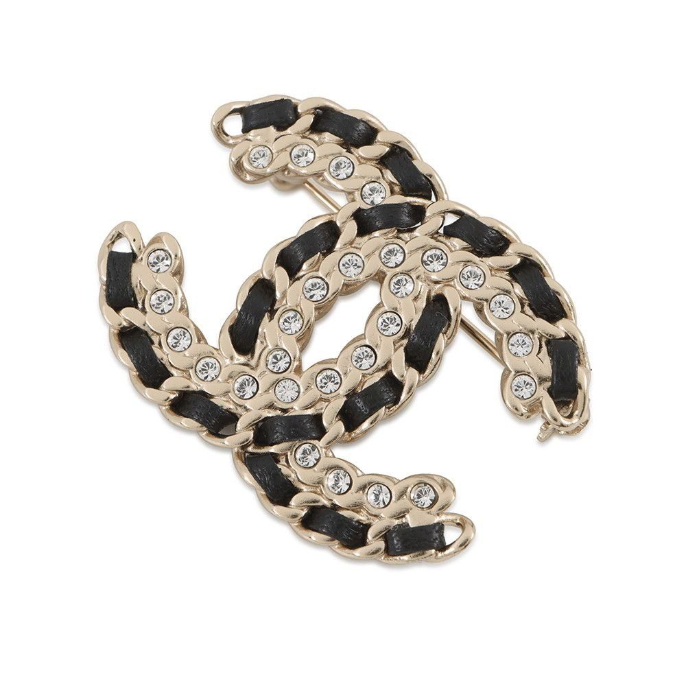 Chanel Brooch CC Logo Rhinestone Leather