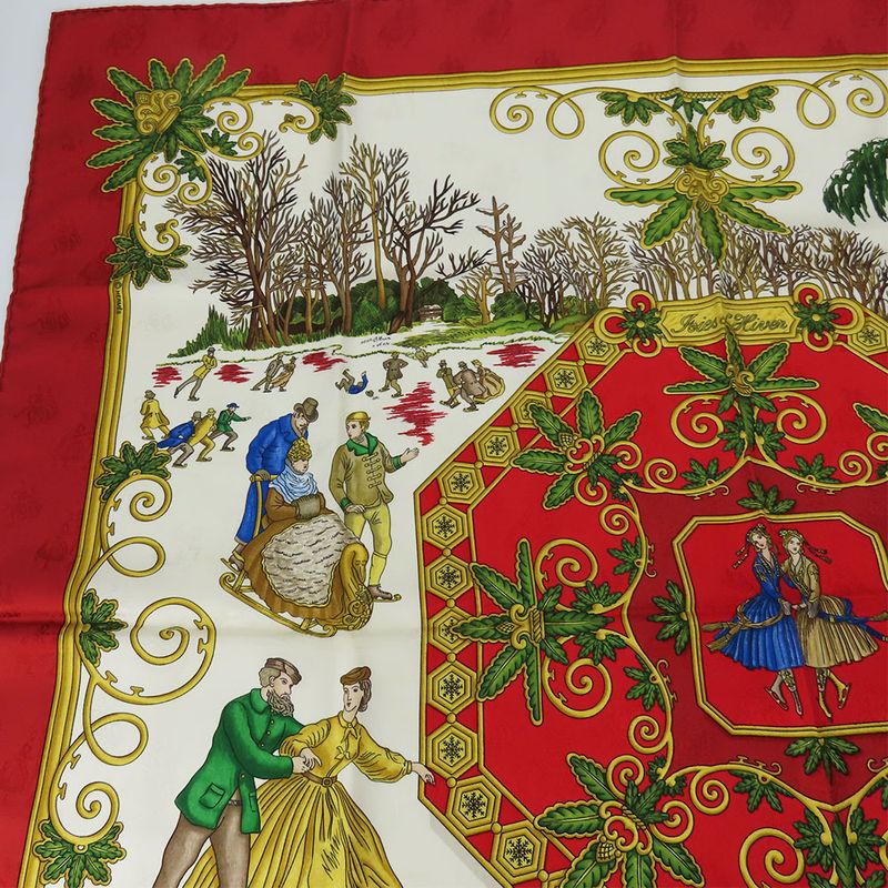 Hermes Scarf Carre 90 Joies D'hiver Winter Pleasures Silk Red Ivory Gold Large — view 8