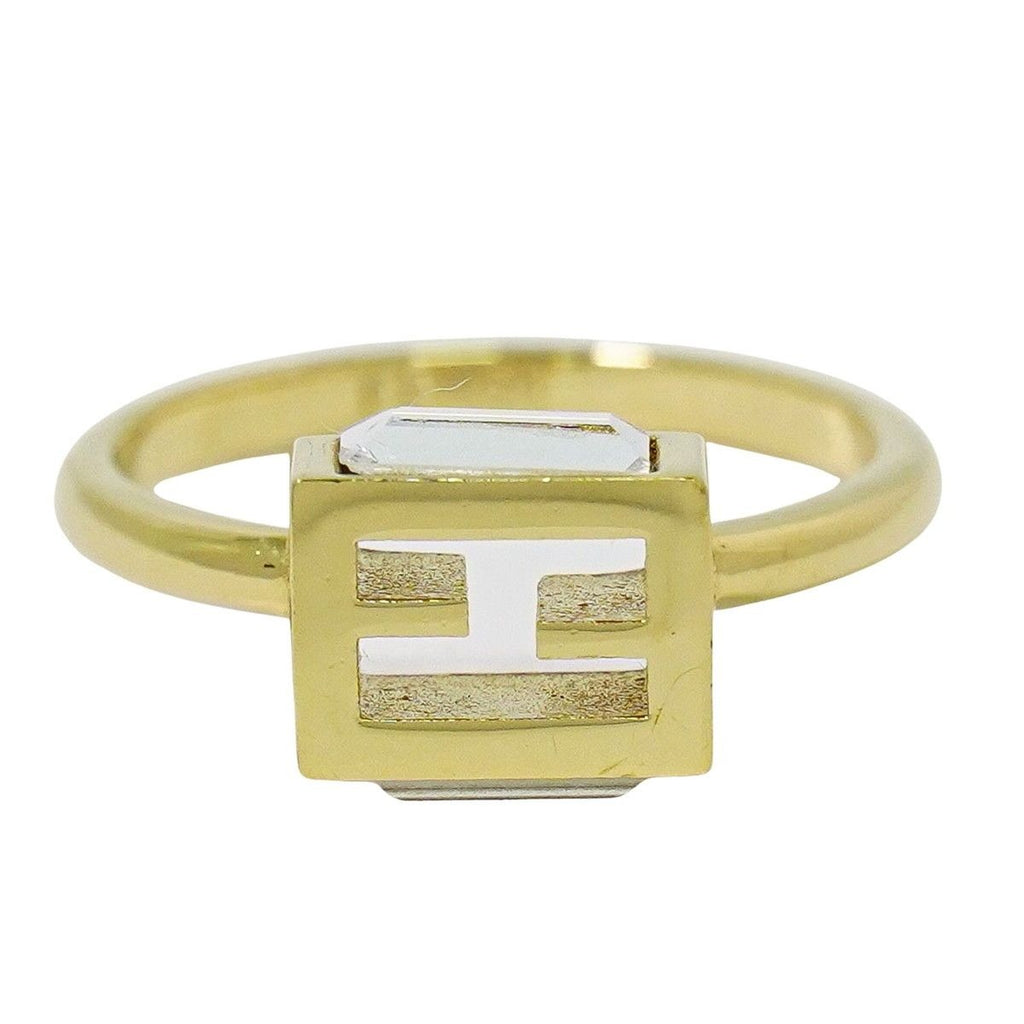 Fendi FF Logo Crystal Stone Ring Gold Plated