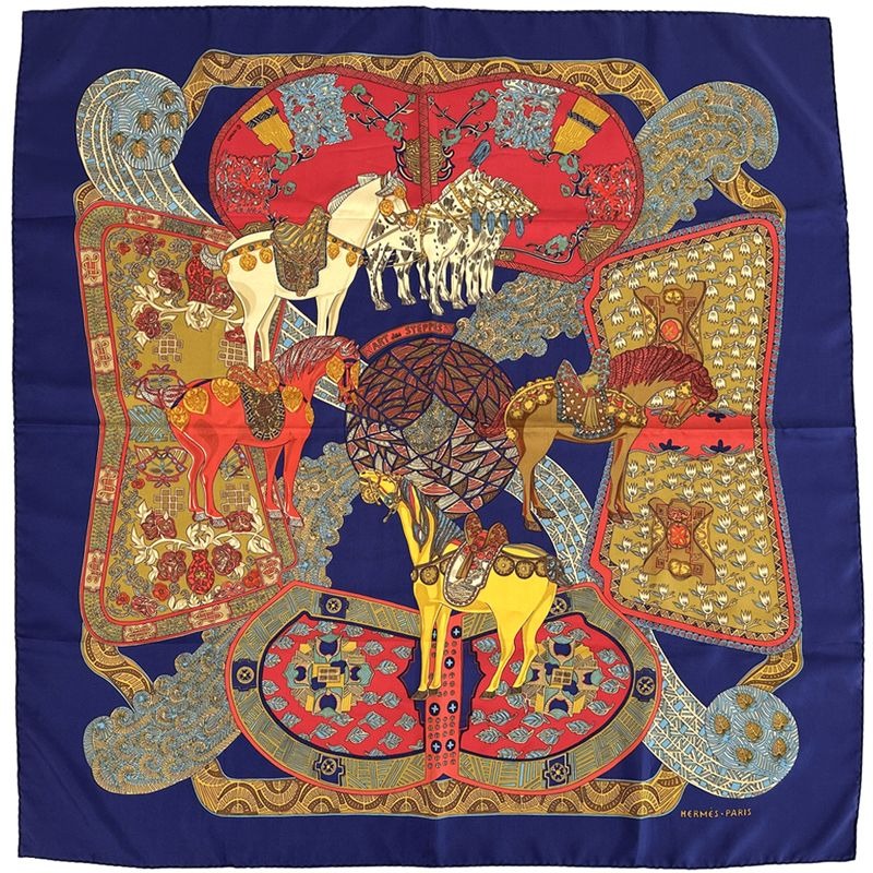 Hermes Scarf Carre 90 ART Des Steppes Step Silk Navy Multicolor