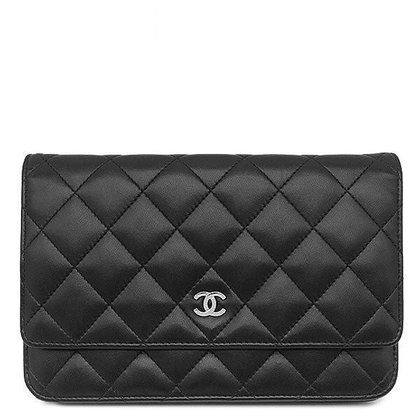 Chanel Chain Wallet Quilted Lambskin Black Silver CC Logo 24 Shoulder Bag