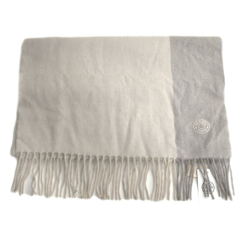 Hermes Muffler 100% Cashmere Ivory Gray Box Scarf