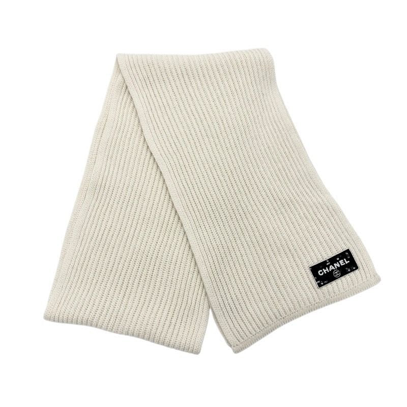 Chanel Muffler Cashmere White Black Coco Mark Logo Sequins Scarf