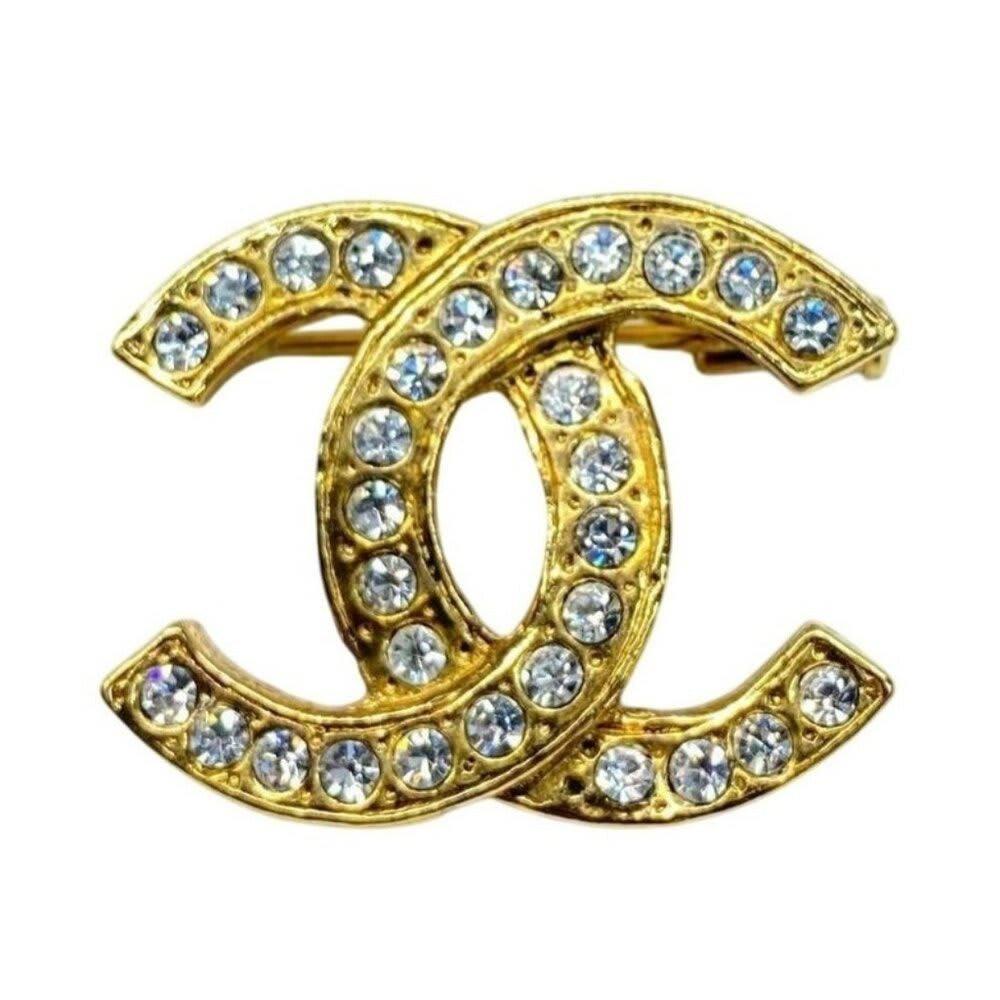 Chanel Brooch CC Vintage Gold Pin Rhinestone Crystal