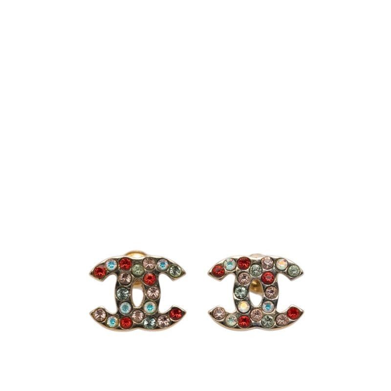 Chanel CC Logo Stud Earrings Gold Multicolor Plated Rhinestone