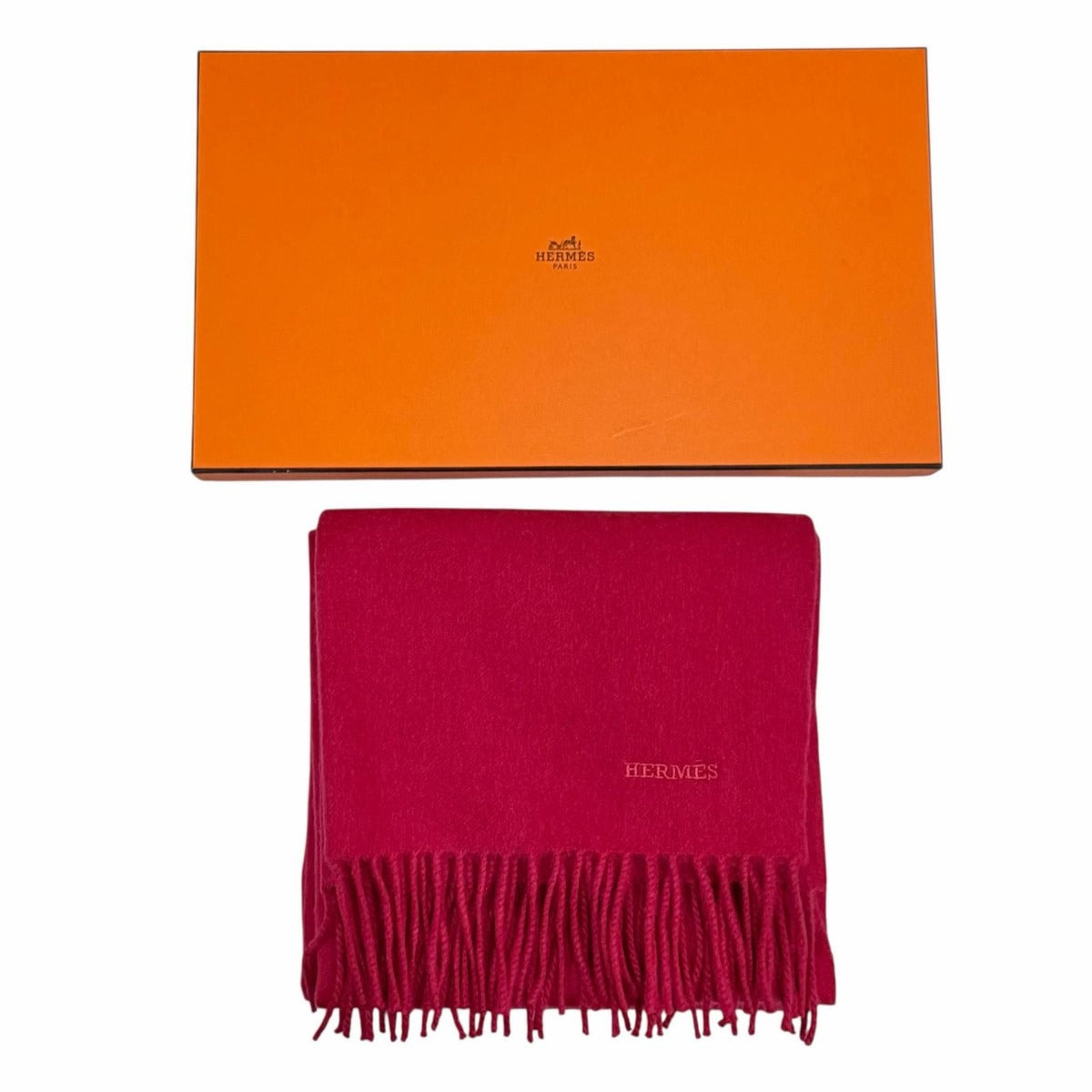 Hermes Recto Verso Cashmere Logo Embroidery with Fringe Scarf Shawl Red — view 2