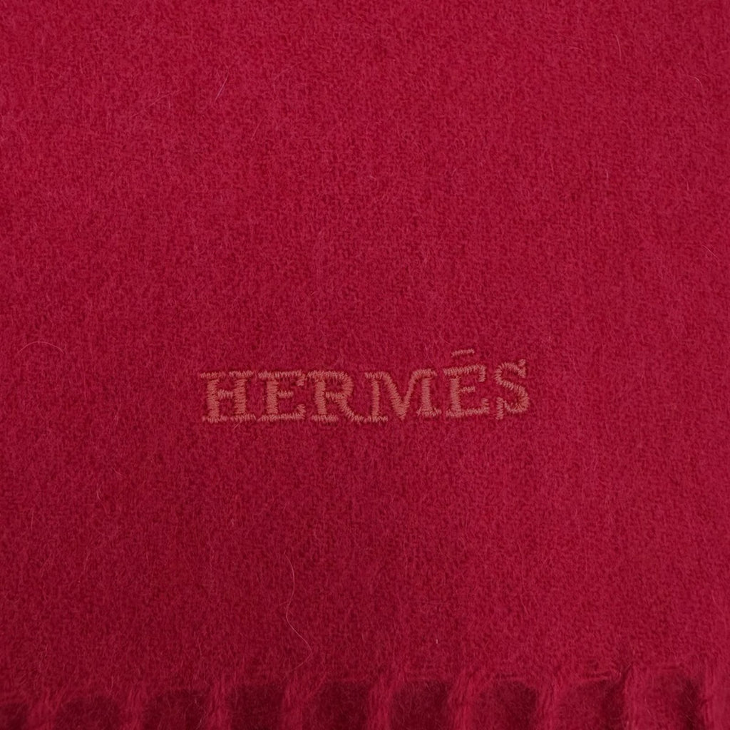 Hermes Recto Verso Cashmere Logo Embroidery with Fringe Scarf Shawl Red — view 6