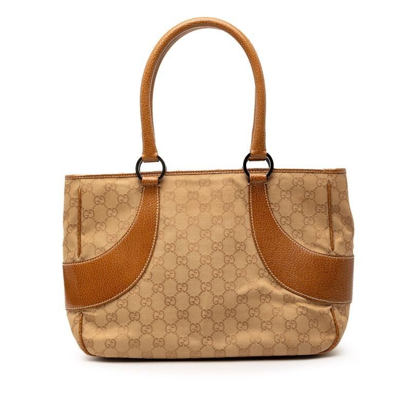 Gucci GG Canvas Tote Shoulder Bag Beige Leather