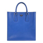 Prada Saffiano Triangle Logo Plate Blue Silver Hardware Leather Tote Bag — view 2
