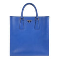 Prada Saffiano Triangle Logo Plate Blue Silver Hardware Leather Tote Bag