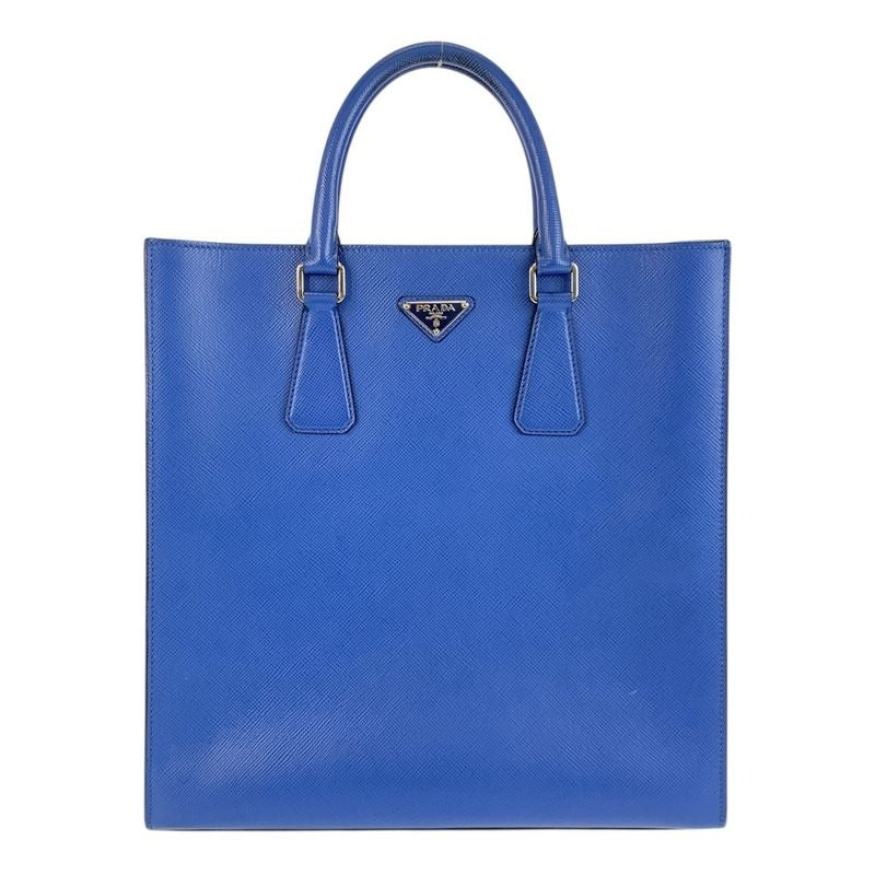 Prada Saffiano Triangle Logo Plate Blue Silver Hardware Leather Tote Bag