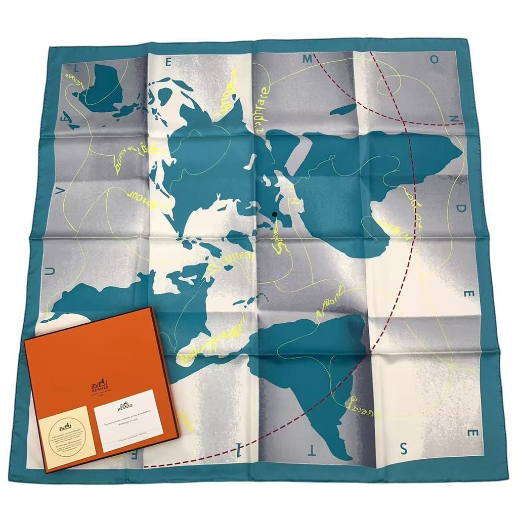 Hermes Carre 90 Scarf Map Pattern Silk Blue Box