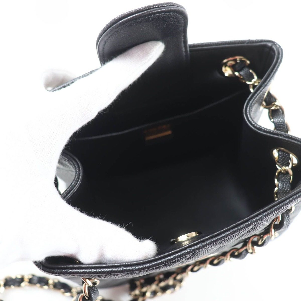 Chanel Caviar Leather Quilted CC Logo Mini Bucket Chain Shoulder Bag Black Gold — view 9