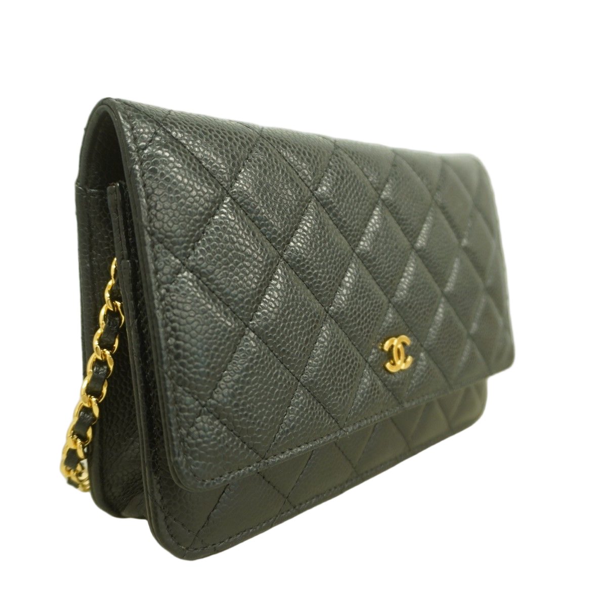 Chanel Shoulder Wallet Quilted Caviar Leather Black Gold — view 2