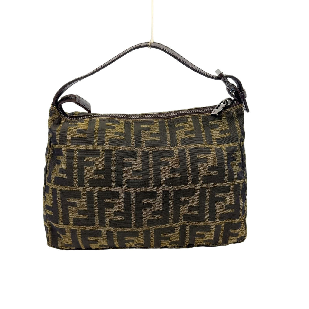 Fendi Zucca Pattern Leather Canvas Khaki Brown Handbag Silver