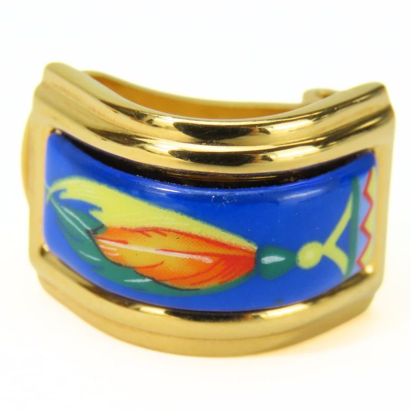 Hermes Earrings Emile Feather Pattern Metal Cloisonne Blue Multicolor Plated — view 4