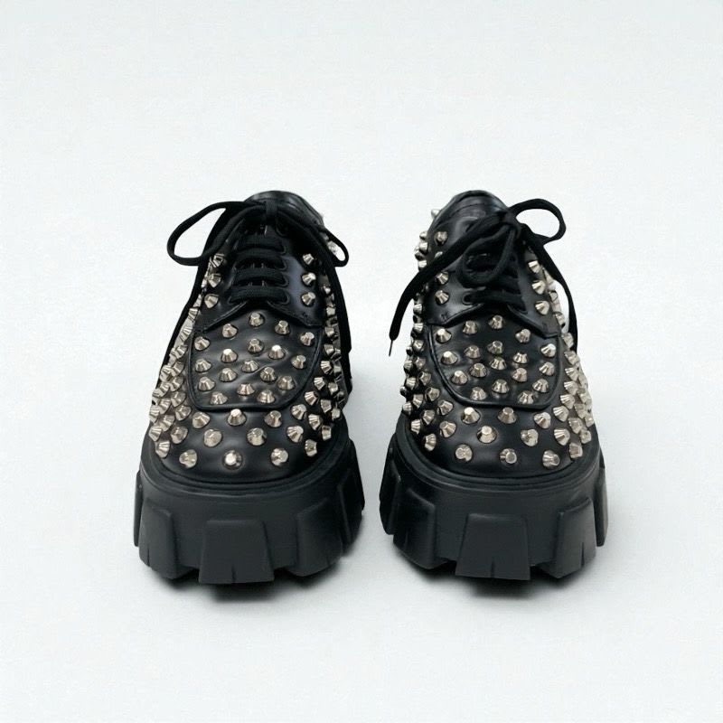 Prada Monolith Loafers Leather Shoes Black Silver Studded Lace Up — view 2