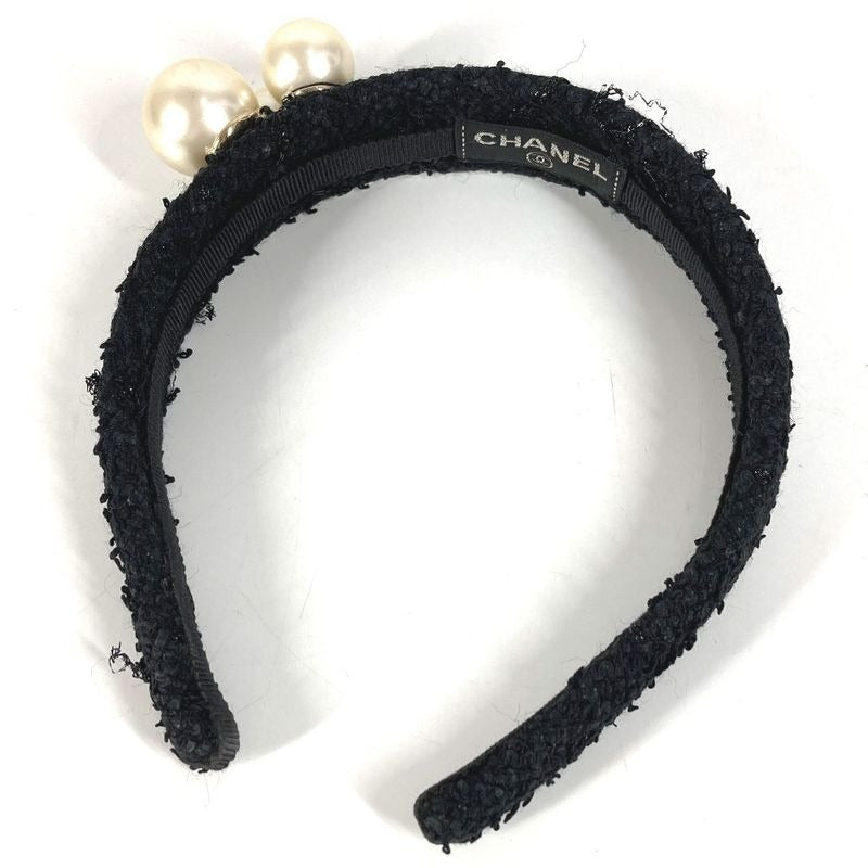 Chanel Headband CC Logo Coco Mark Faux Pearl Tweed Canvas Black