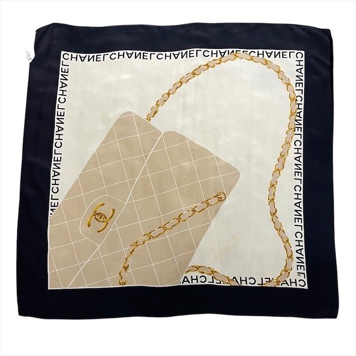 Chanel CC Logo Quilted Scarf Silk Black Beige Large — view 6