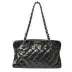 Chanel Tote Bag Chain Vintage Patent Leather Quilted Stitching Black