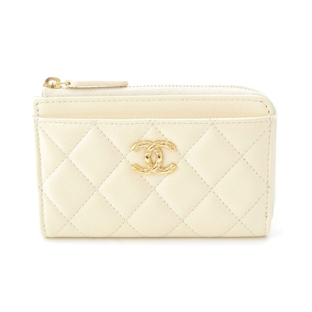 Chanel Caviar Leather Fragment Coin Card Case Compact Wallet White