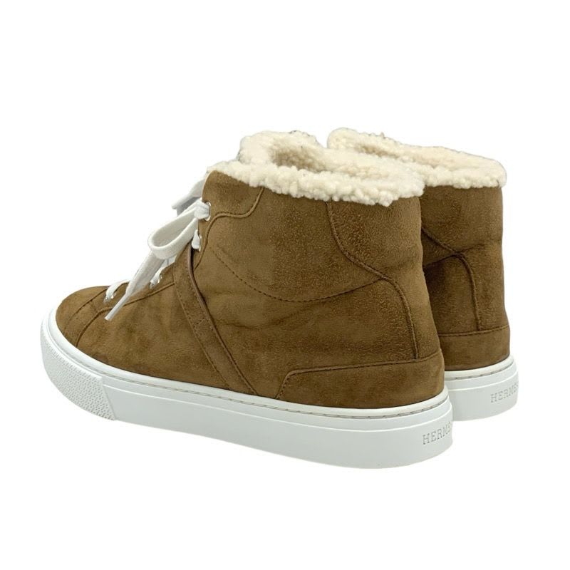 Hermes Daydream Sneakers Shoes Suede Shearling Brown Silver High Cut — view 4