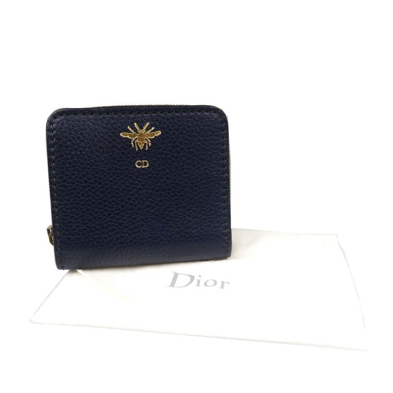 Christian Dior Bee Leather Gold Hardware Navy Blue Bifold Wallet 1128 — view 3