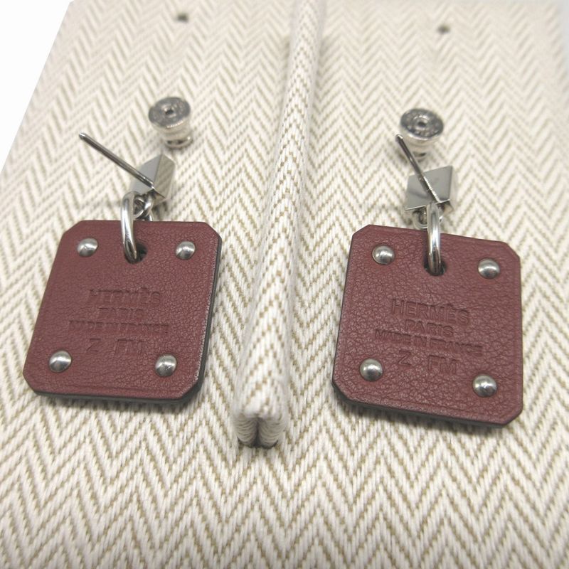 Hermes Asdecourt Heart Leather Metal Brown Silver Earrings — view 5