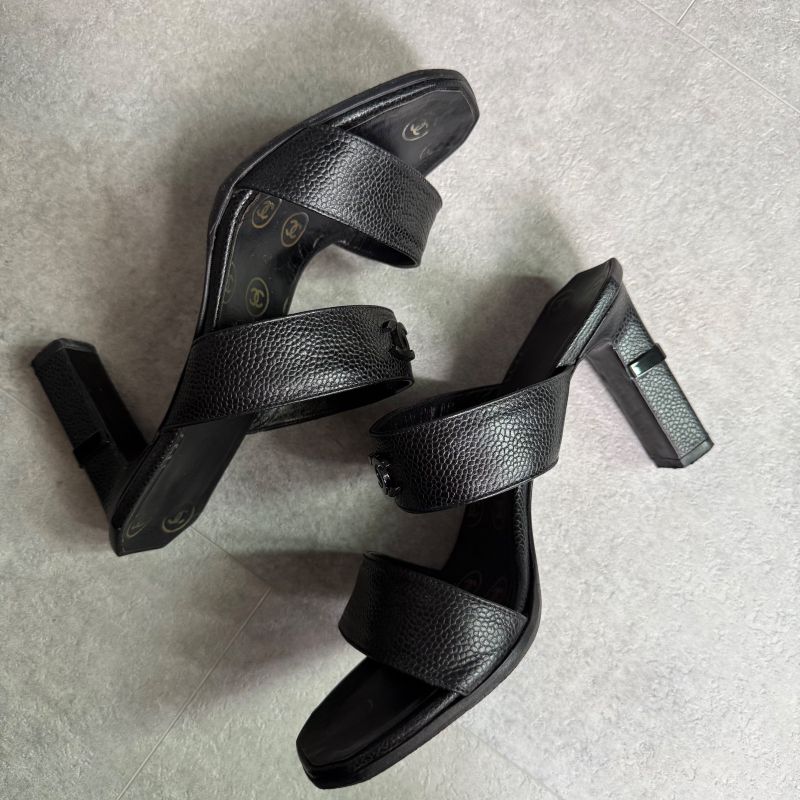 Chanel Coco Mark Caviar Leather Sandals Black 36 Mules — view 5