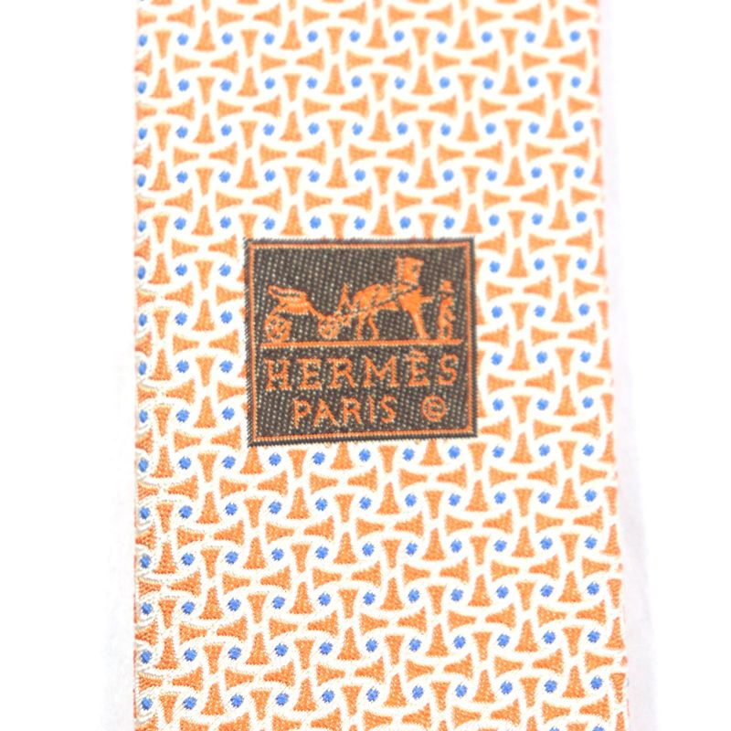 Hermes T 100% Silk All-over Pattern Necktie Orange Blue — view 7