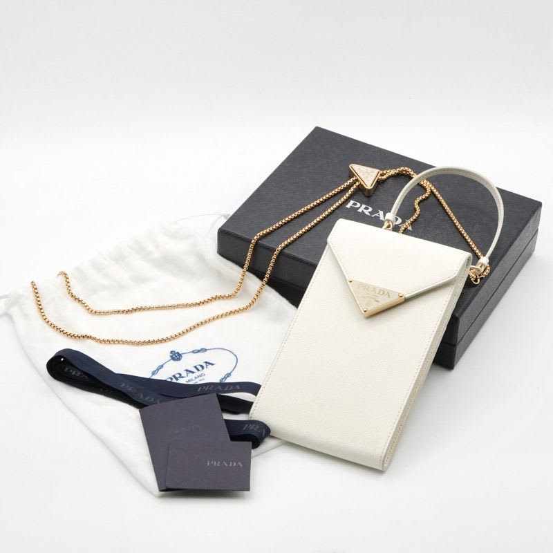 Prada Mobile Smartphone Accessories White Gold Saffiano Mini Bag Triangle Logo
