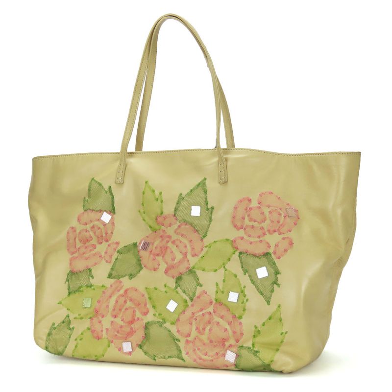 Fendi Tote Roll Bag Leather Beige Pink Green Silver Hardware Shoulder Floral A4 — view 2